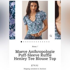 Maeve Teal Floral Puff-Sleeve Blouse